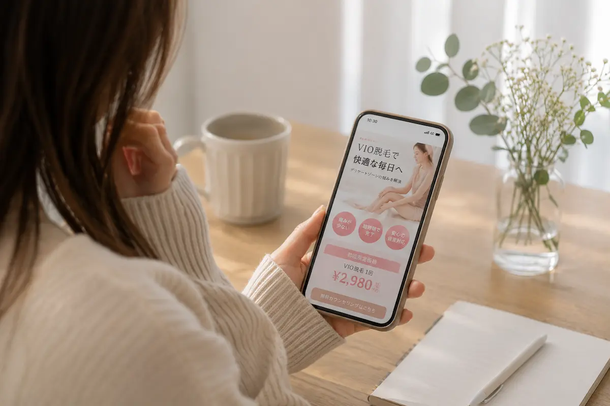 スマホで脱毛サロンの広告を見る女性
