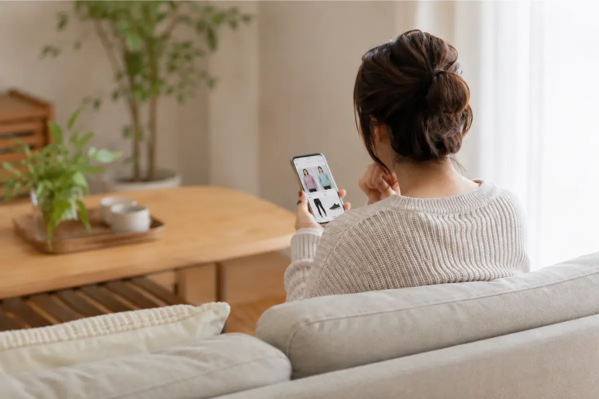 スマホで通販を見ている女性